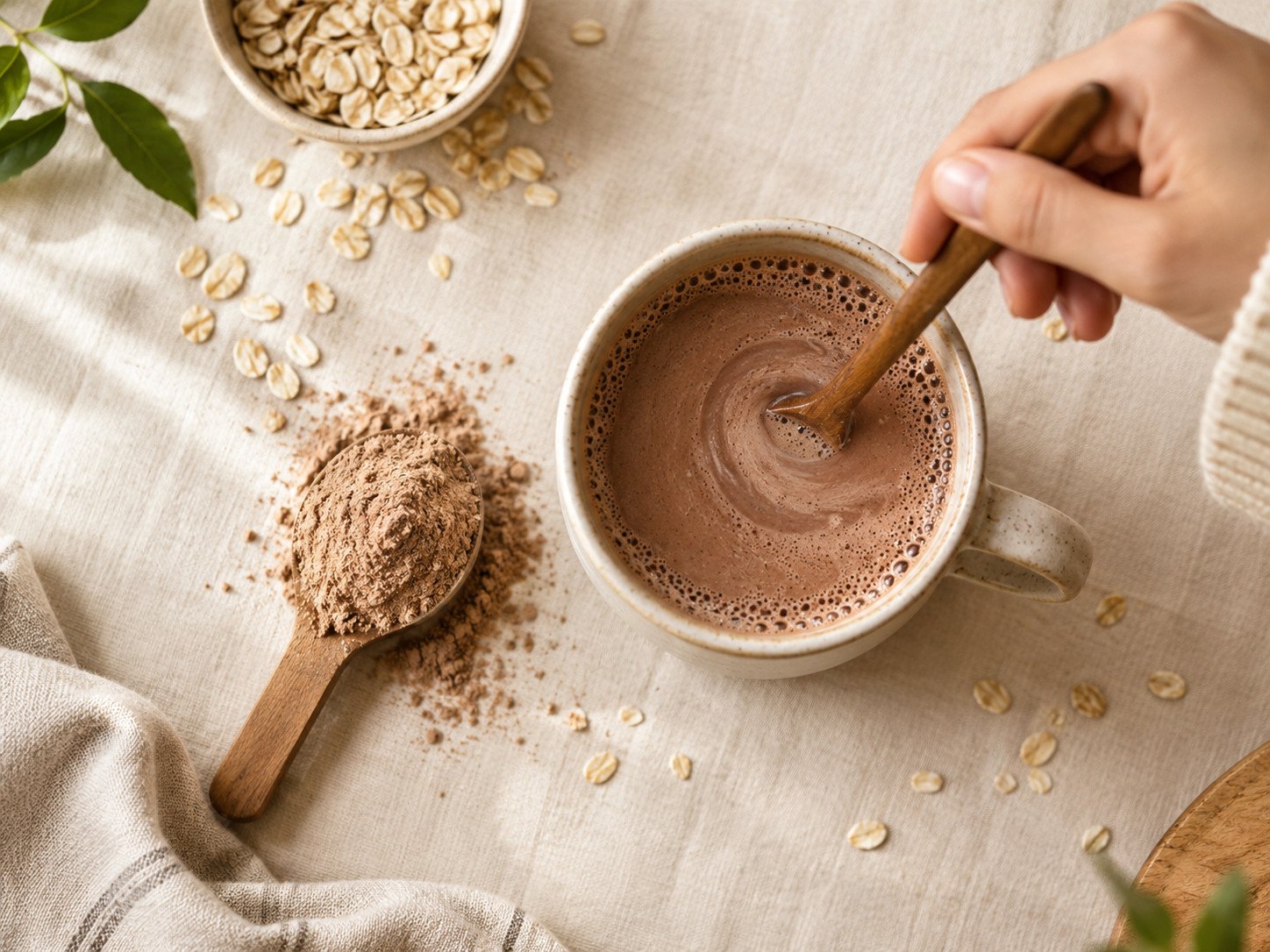 A hand stirring a mug of chocolate milk with a wooden spoon